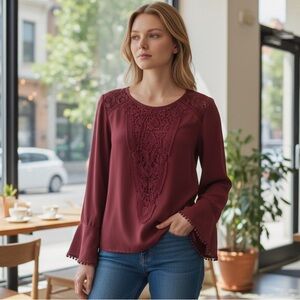 CoCo + Jameson Women's Blouse Long Sleeve Lace/Polyester Burgundy Size-M EUC